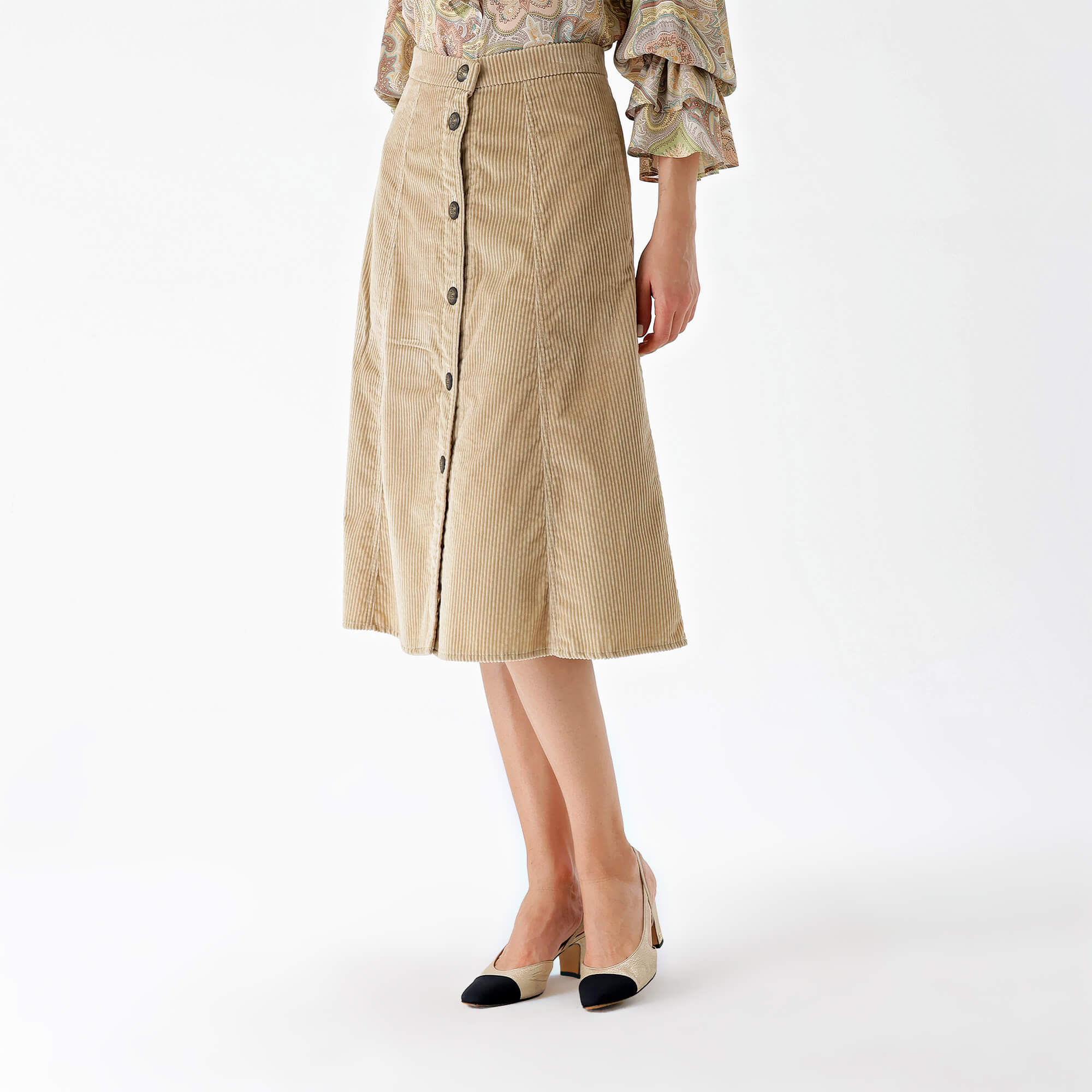 Etro-Beige Velvet Buttoned Front Midi Skirt